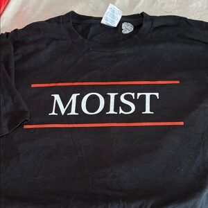 Port and Company Black T‑Shirt with White "MOIST" Text and Red Stripes